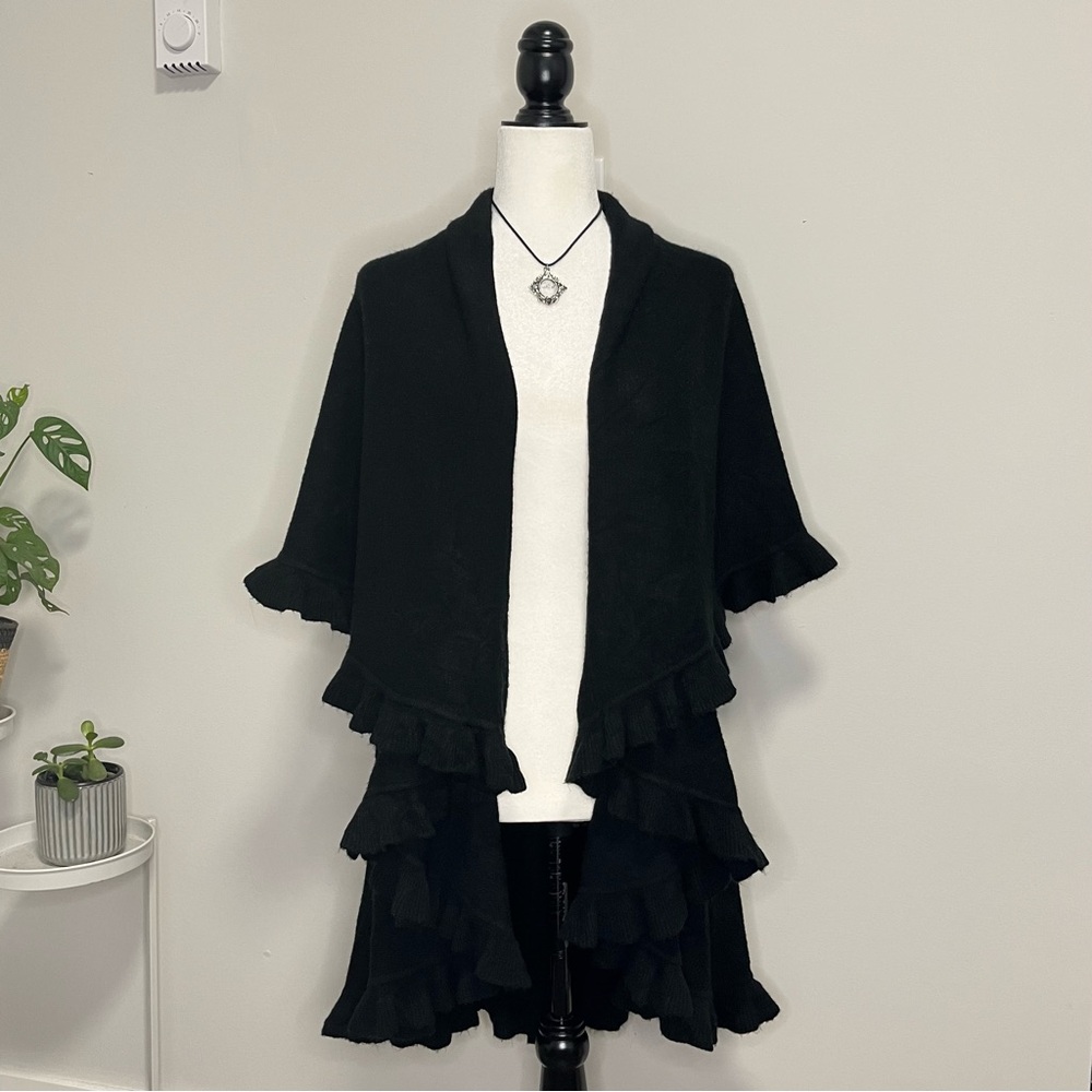 SOLD Black Ruffled Open Front Wrap Shawl